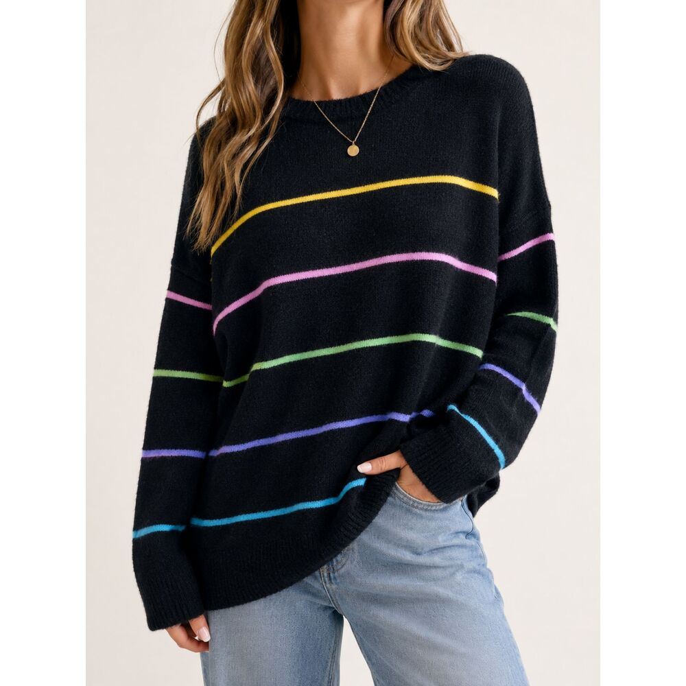 Chic Soul 1XL Black Rainbow Stripe Oversized Sweater Plus Size Colorful Knit